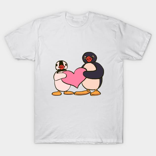 cute pingu and pinga penguin holding heart T-Shirt by mudwizard